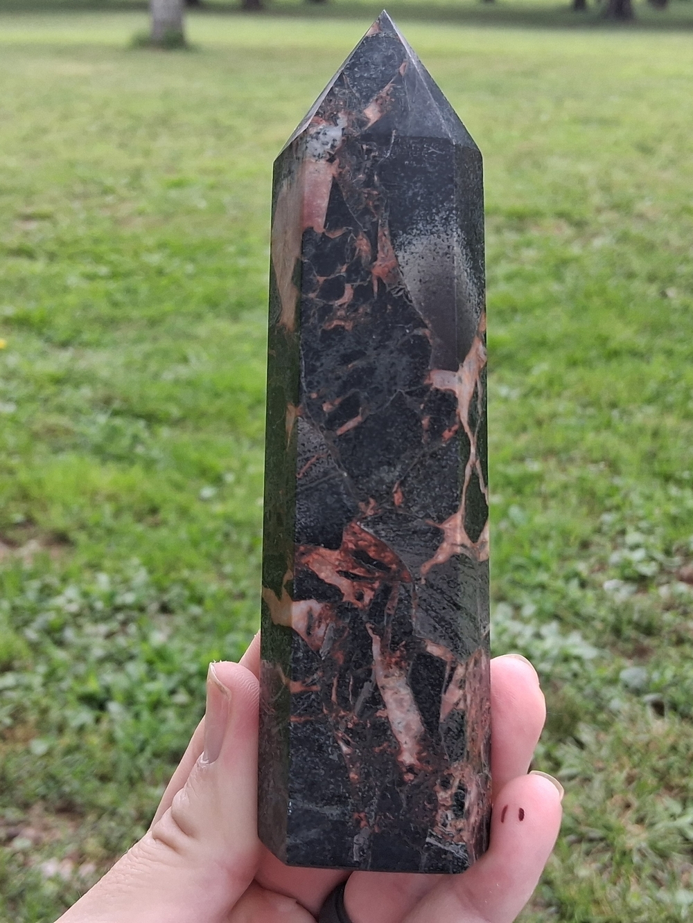 Natural Que Sera Stone Tower Polished Crystal Point Black Pink Brecciated Heal